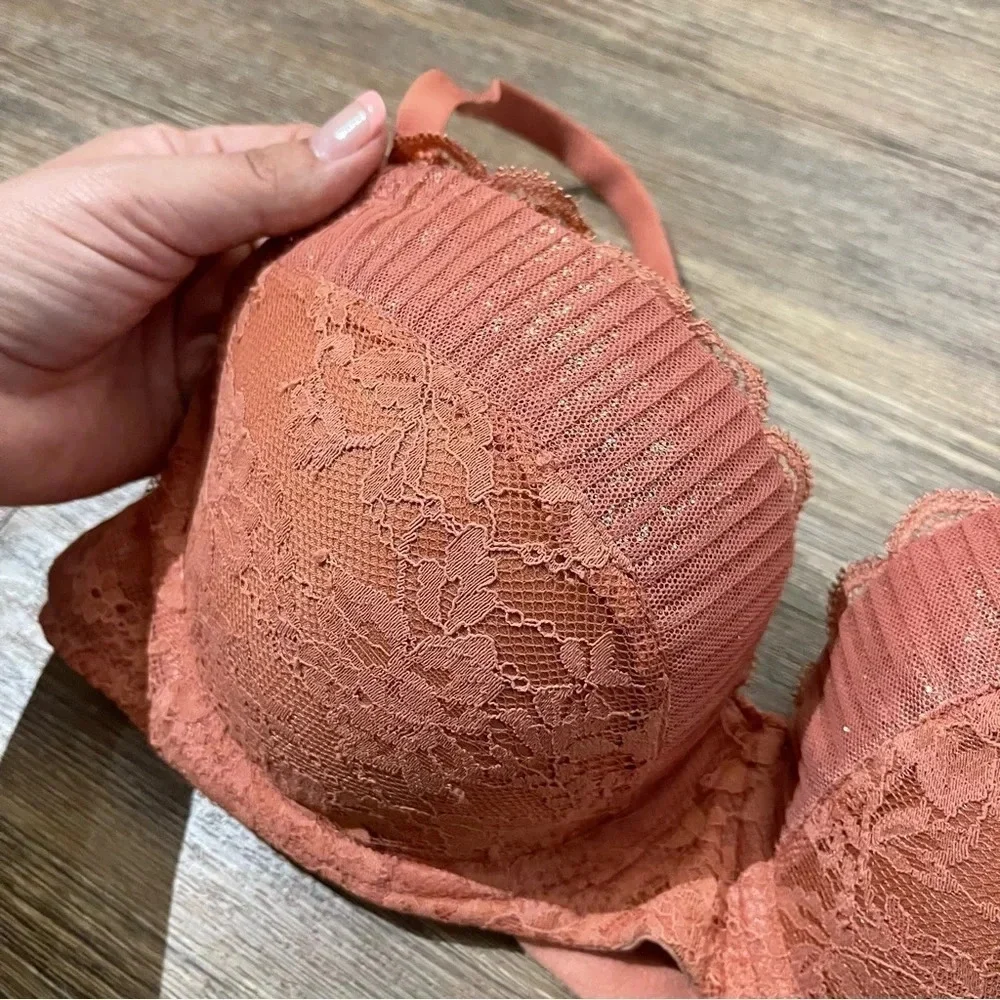 Victoria's Secret Salmon Pink Glitter Lace Dream Angels Demi Bra Womens Size 34D